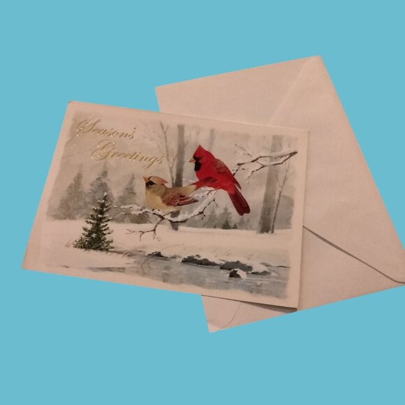Blank Christmas Card Seasons Greetings Cardinal Birds Envelope Holiday - Picture 3 of 7